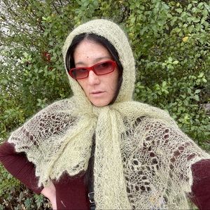 VIntage Celery Cream Crocheted Mohair Scarf~